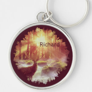 Stag in Misty Forest at Golden Sunrise Key Ring