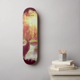 Stag in Misty Forest at Golden Sunrise Skateboard