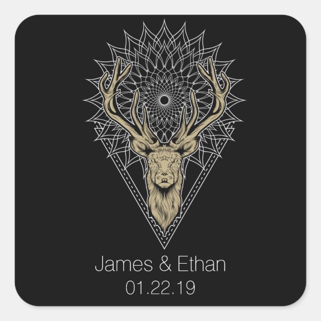 Stag Mandala Wedding Square Sticker (Front)