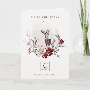Stag Marsala Foliage Wreath Merry Christmas Logo Holiday Card