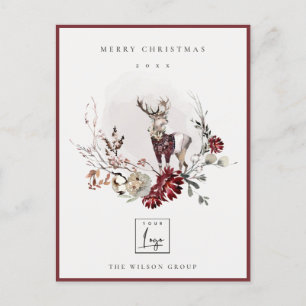 Stag Marsala Foliage Wreath Merry Christmas Logo Holiday Postcard