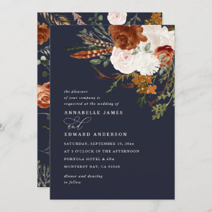 Stag navy blue floral rustic elegant modern invitation