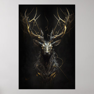 Stag Portrait Animal Nature Wildlife Dark Painting Poster