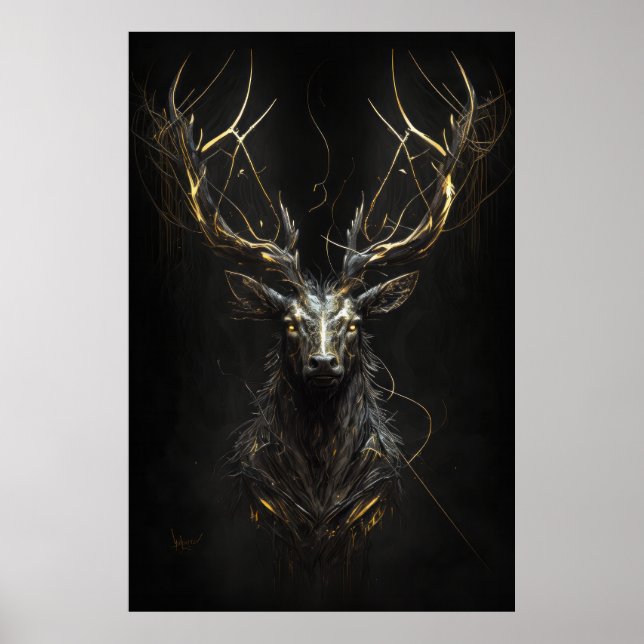 Stag Portrait Animal Nature Wildlife Dark Painting Poster (Front)