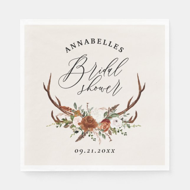 Stag rustic black rust botanical bridal shower napkin (Front)