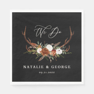 Stag rustic botanical wedding black chic floral napkin