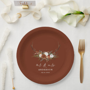 Stag rustic botanical wedding mr & mrs terracotta paper plate