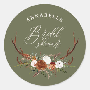 Stag rustic sage green botanical bridal shower classic round sticker