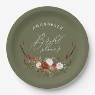 Stag rustic sage green botanical bridal shower paper plate