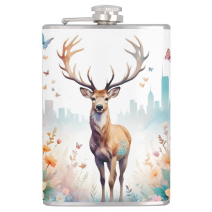 Stag Vintage Animal Nature Forest Flowers Art Hip Flask