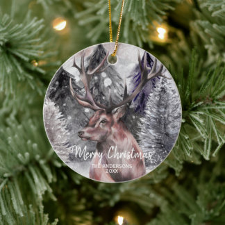 Stag Watercolor Deer in Forest Christmas Ornament