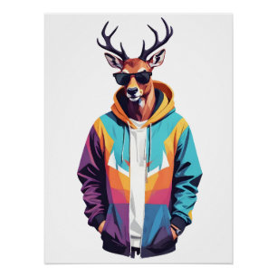 Stag Wearing Hoodie Funny Cool Animal Character  Poster