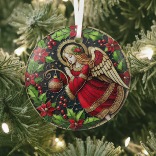 Stain Glass Christmas Angel and Poinsettias Tree Decoration