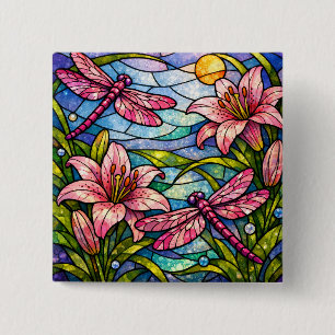 Stain Glass Lilies and Dragonflies Pink 15 Cm Square Badge