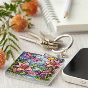 Stain Glass Lilies and Dragonflies Pink Key Ring