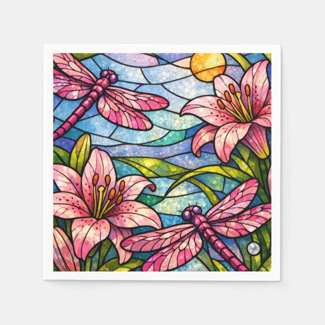 Stain Glass Lilies and Dragonflies Pink Napkin (Front)