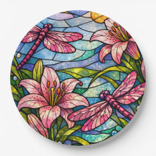 Stain Glass Lilies and Dragonflies Pink Paper Plate
