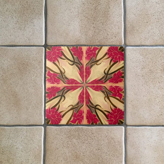 Stain Glass Look Art Nouveau Pink Floral Pattern Tile