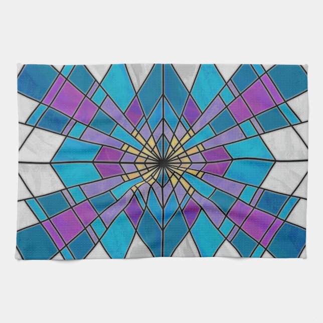 Stain Glass Ray Blue and Purple Tea Towel (Horizontal)