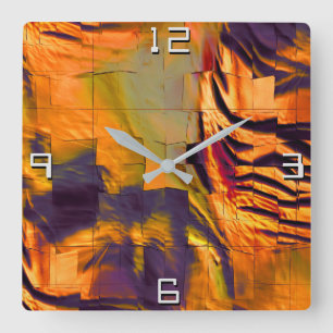 Stained abstract mosaic drawing, rustic burnt gold square wall clock