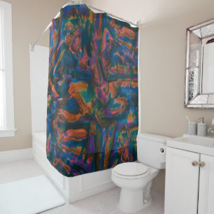 Stained and dented blue shades of aged copper shower curtain