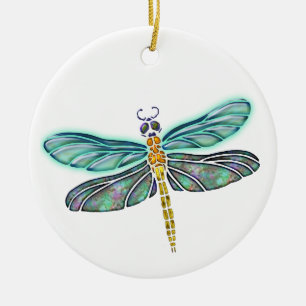 Stained Glass & Abalone Shell Dragonfly Ceramic Tree Decoration