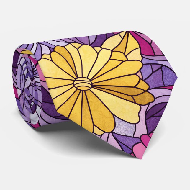 Stained Glass Abstract Purple Yellow Pink 60s Vibe Tie (Rolled)