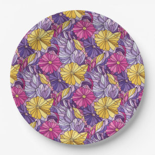 Stained Glass Abstract Purple Yellow Pink Paper Plate