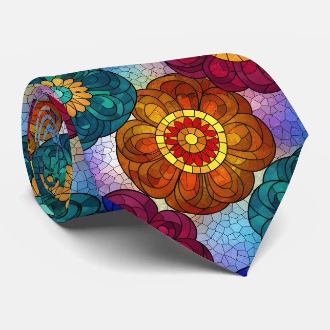 Stained Glass Abstract Red Green Blue Orange Tie (Rolled)