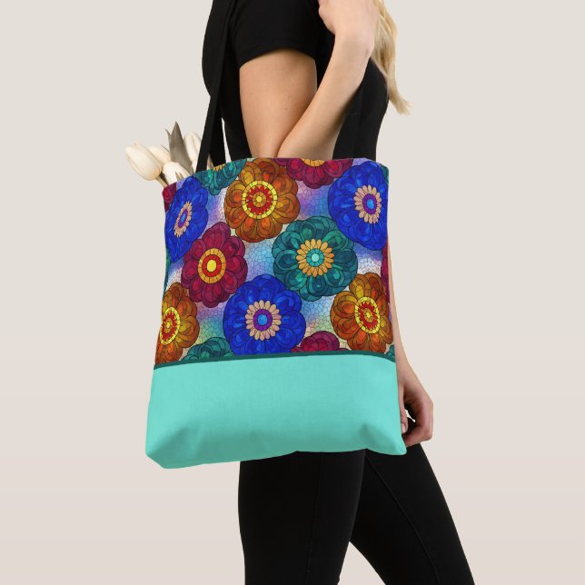 Stained Glass Abstract Red Green Blue Orange Tote Bag (Close Up)