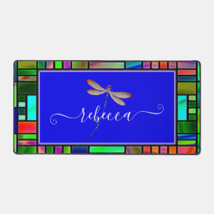 Stained glass and dragonfly personalised desk mat