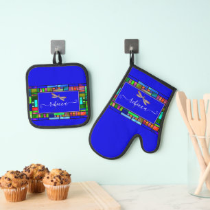 Stained glass and dragonfly personalised kitchen oven mitt & pot holder set
