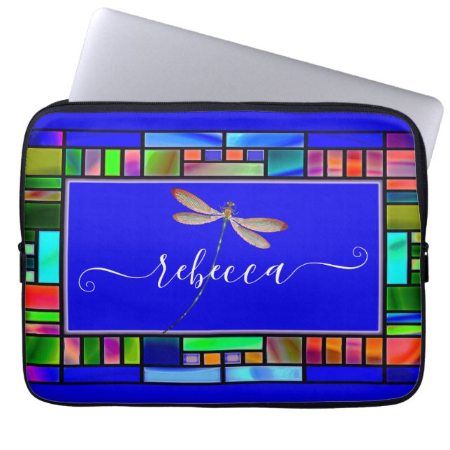 Stained glass and dragonfly personalized  laptop sleeve (Front)