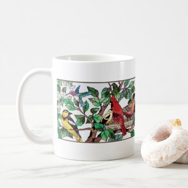 Stained Glass Art Beautiful Blossoms & Birds Coffee Mug (With Donut)