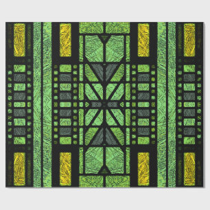 Stained Glass Art Deco in Green and Gold Wrapping Paper