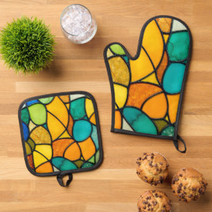 Stained glass art oven mitt & pot holder set