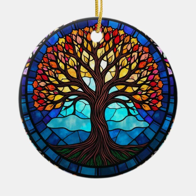Stained Glass Art, Tree of Life Stained Glass  Ceramic Tree Decoration (Front)