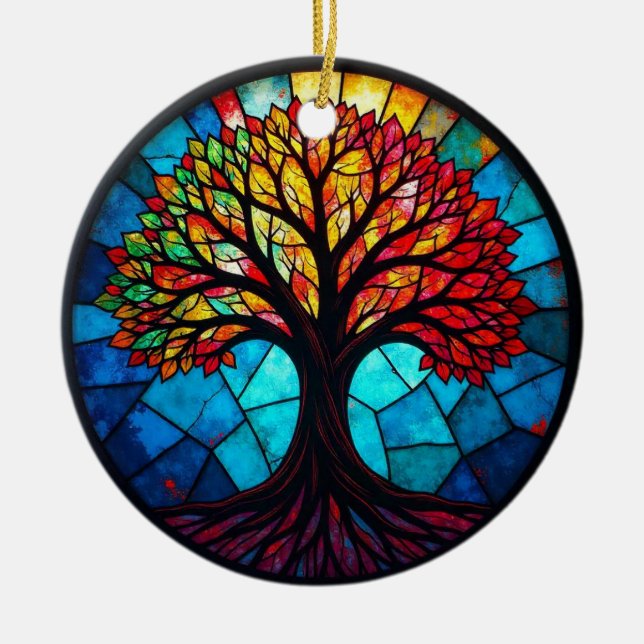 Stained Glass Art, Tree of Life Stained Glass Ceramic Tree Decoration (Front)
