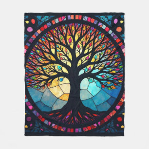 Stained Glass Art, Tree of Life Stained Glass  Fleece Blanket