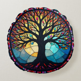 Stained Glass Art, Tree of Life Stained Glass Round Cushion