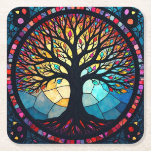 Stained Glass Art, Tree of Life Stained Glass  Square Paper Coaster