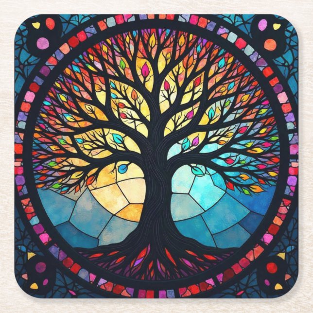 Stained Glass Art, Tree of Life Stained Glass  Square Paper Coaster (Front)