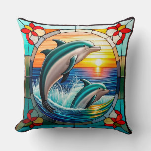 Stained Glass Art with Dolphins Leaping at Sunset Cushion