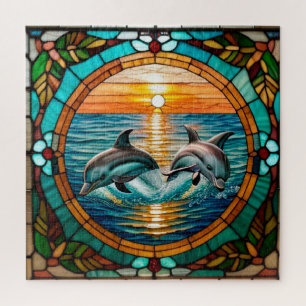 Stained Glass Art with Dolphins Leaping at Sunset Jigsaw Puzzle