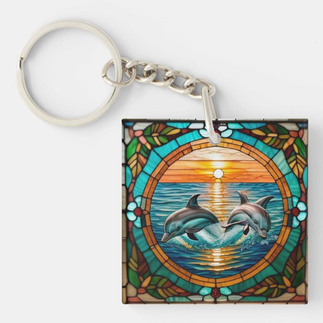 Stained Glass Art with Dolphins Leaping at Sunset Key Ring (Front)