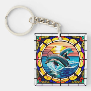 Stained Glass Art with Dolphins Leaping at Sunset Key Ring