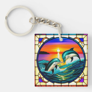 Stained Glass Art with Dolphins Leaping at Sunset Key Ring