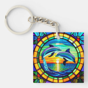 Stained Glass Art with Dolphins Leaping at Sunset Key Ring