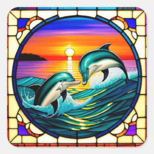 Stained Glass Art with Dolphins Leaping at Sunset Square Sticker