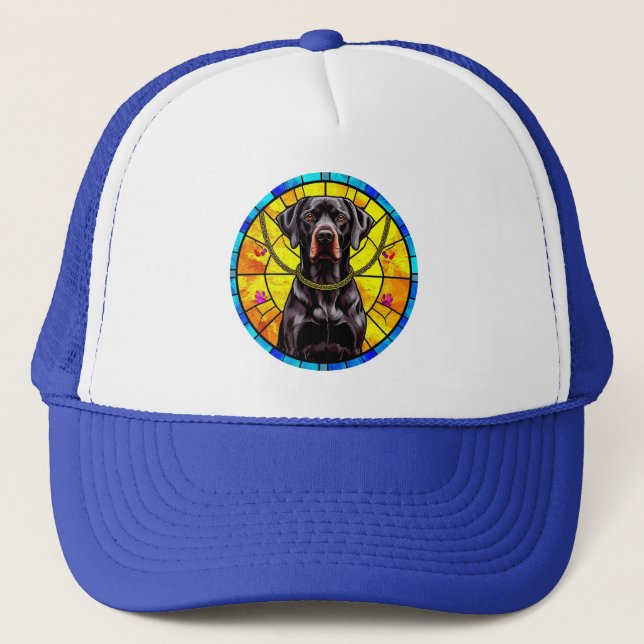 Stained Glass Artwork Featuring a Black Dog Trucker Hat (Front)